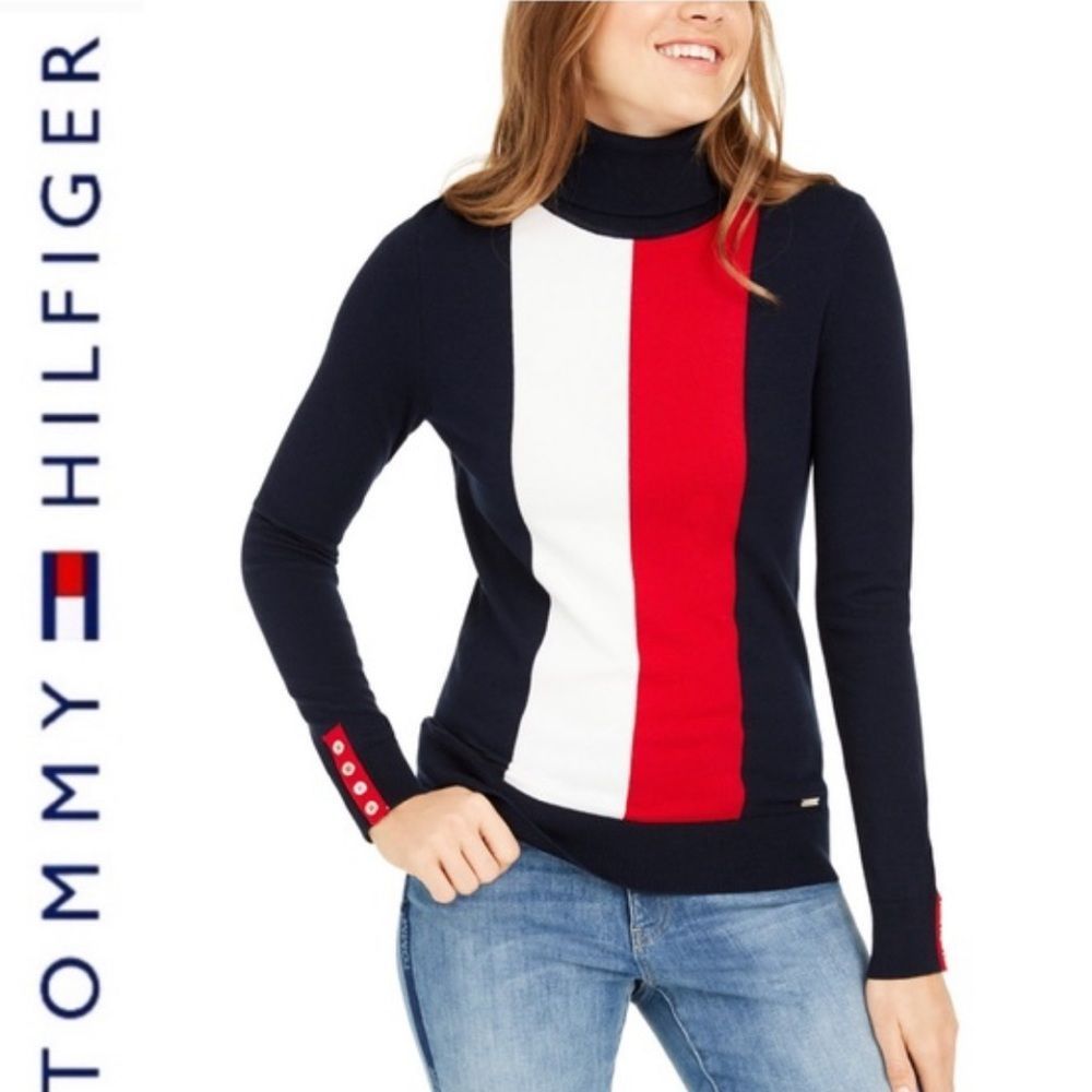 NEW Tommy Hilfiger Blue & Red Color Block Logo Turtleneck